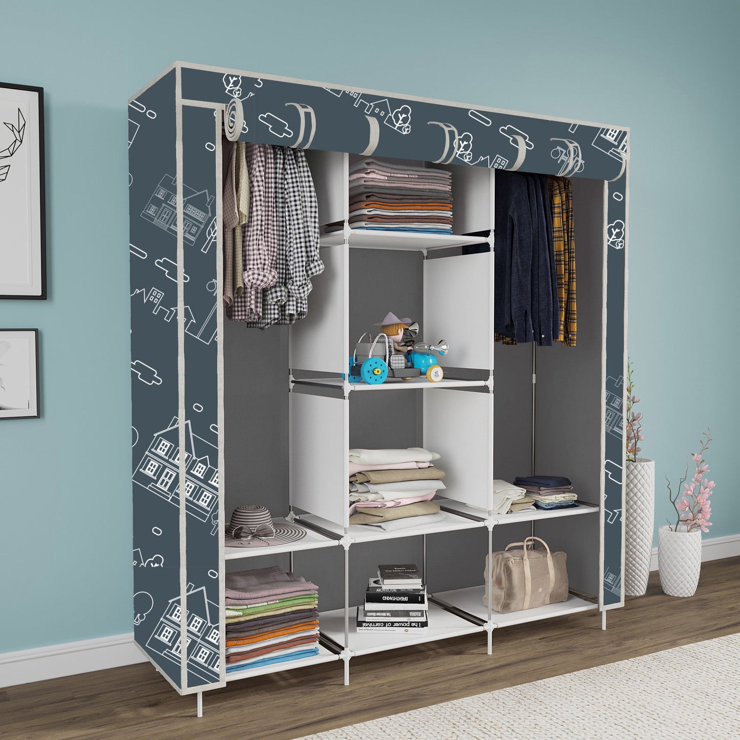 FurnishBite - C1 Printed Carbon Steel Collapsible Wardrobe ( 12 Grey, DIY(Do-It-Yourself)