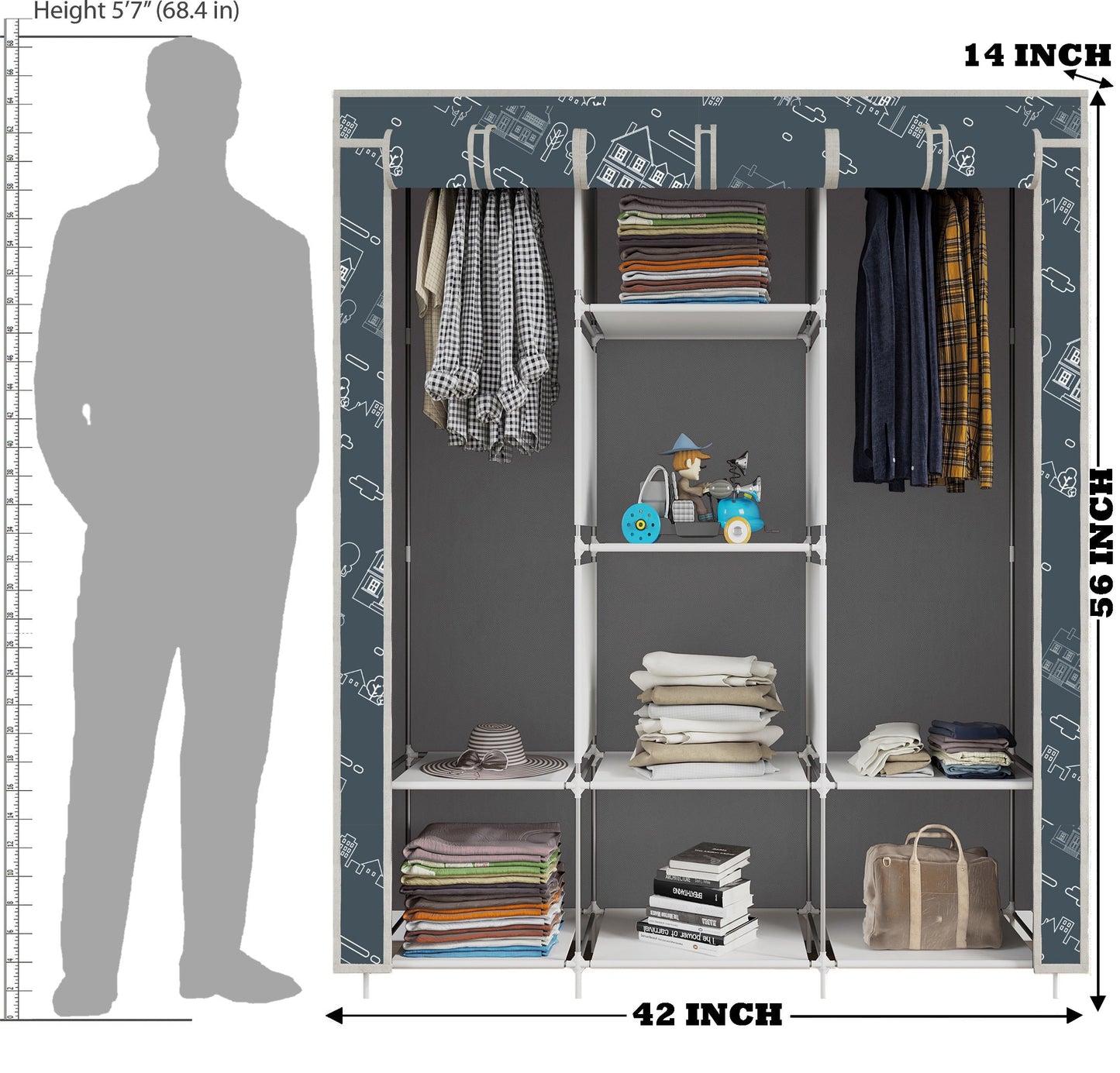 FurnishBite - C1 Printed Carbon Steel Collapsible Wardrobe ( 12 Grey, DIY(Do-It-Yourself)