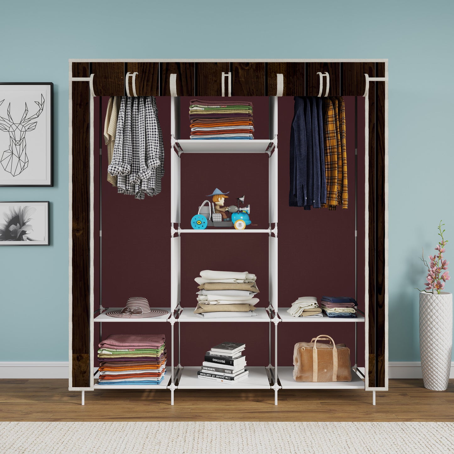 FurnishBite - C1 Printed Carbon Steel Collapsible Wardrobe ( 15 Brown, DIY(Do-It-Yourself)