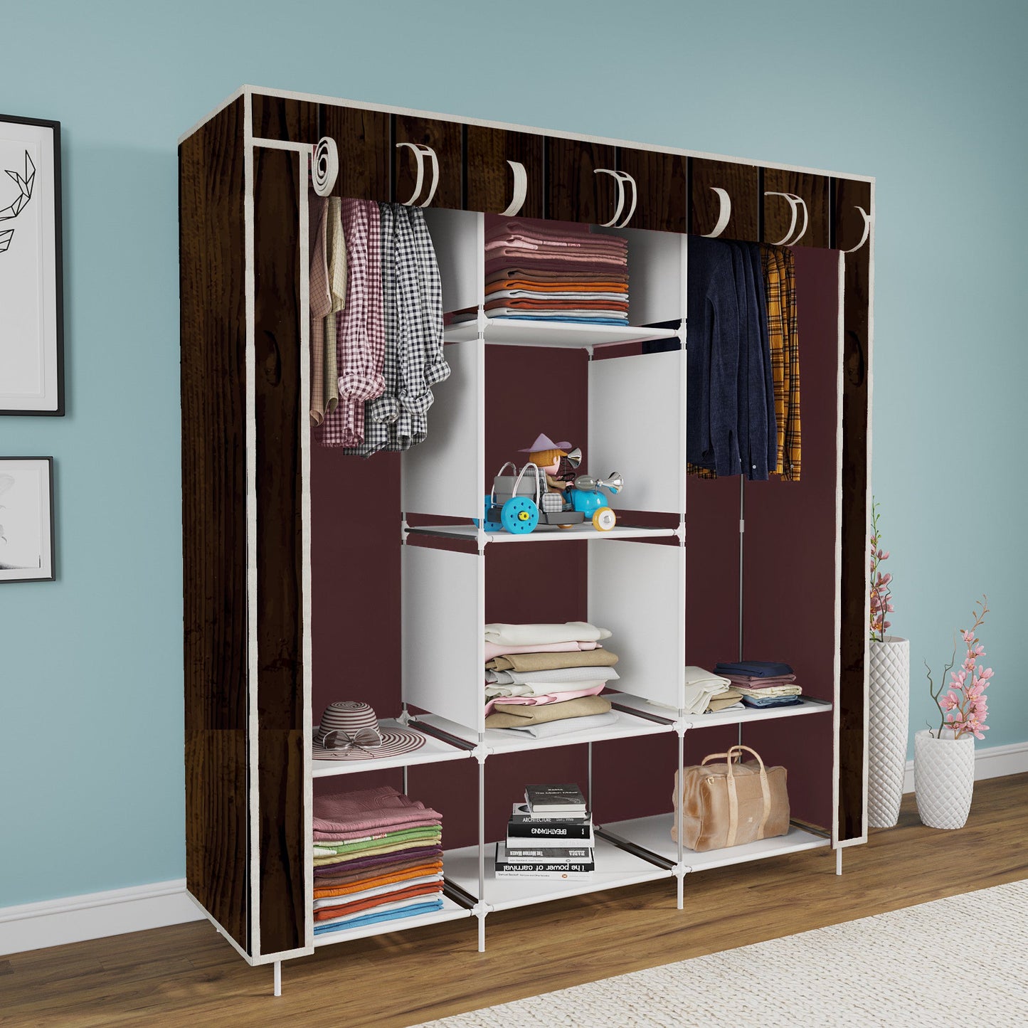 FurnishBite - C1 Printed Carbon Steel Collapsible Wardrobe ( 15 Brown, DIY(Do-It-Yourself)