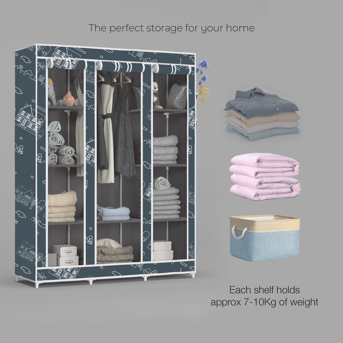 FurnishBite - C2 Printed Carbon Steel Collapsible Wardrobe  ( 12 Grey, DIY(Do-It-Yourself)
