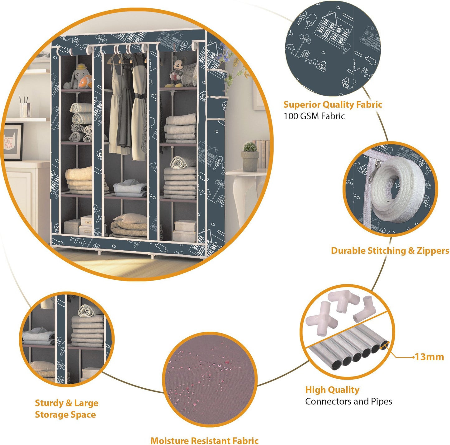 FurnishBite - C2 Printed Carbon Steel Collapsible Wardrobe  ( 12 Grey, DIY(Do-It-Yourself)