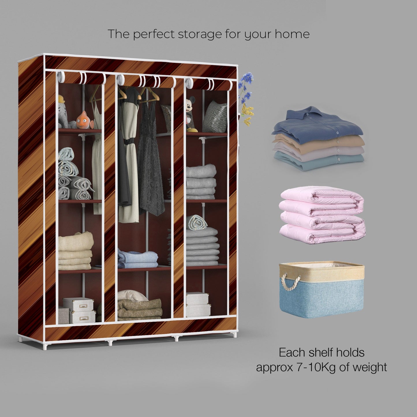 FurnishBite - C2 Printed Carbon Steel Collapsible Wardrobe  ( 14 Brown, DIY(Do-It-Yourself)