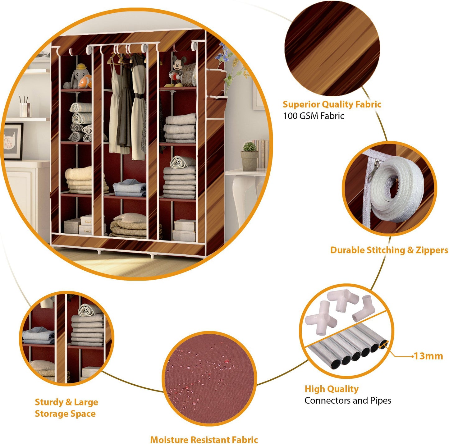 FurnishBite - C2 Printed Carbon Steel Collapsible Wardrobe  ( 14 Brown, DIY(Do-It-Yourself)